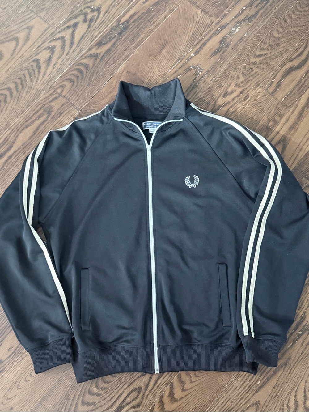 Fred Perry Track Jacket Mens M Black Full Zip Twin Stripe Portugal Laurel Logo